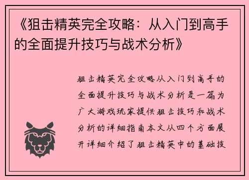 《狙击精英完全攻略：从入门到高手的全面提升技巧与战术分析》