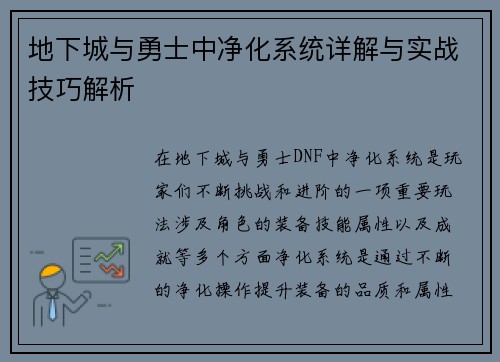 地下城与勇士中净化系统详解与实战技巧解析